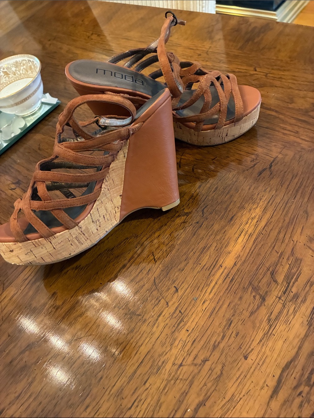 Moda Rust Brown Cork Wedge Sandals with Strappy Upper
